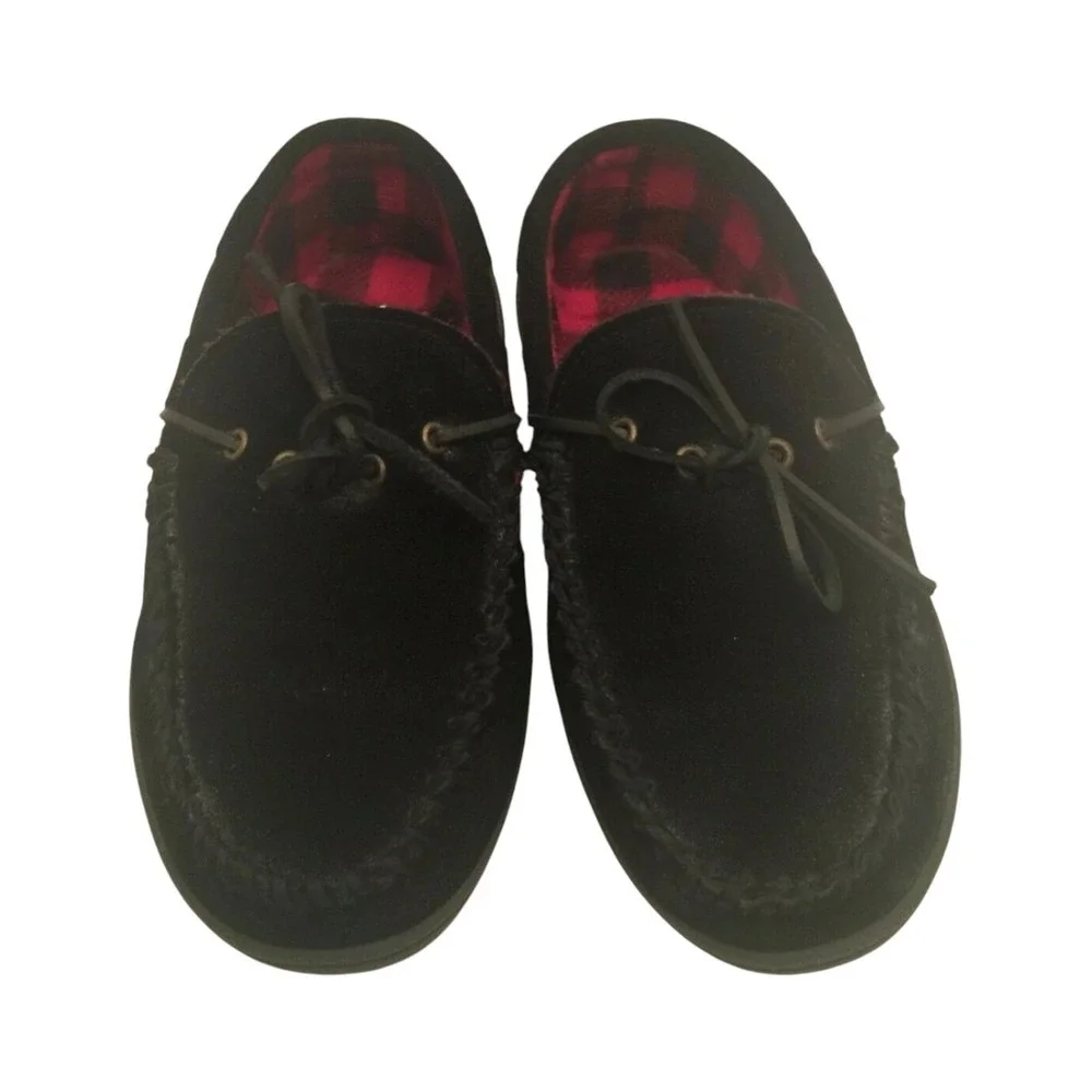 Clarks Mens Casual Moccasins Size 11M Black Leather Red Buffalo Plaid Lining